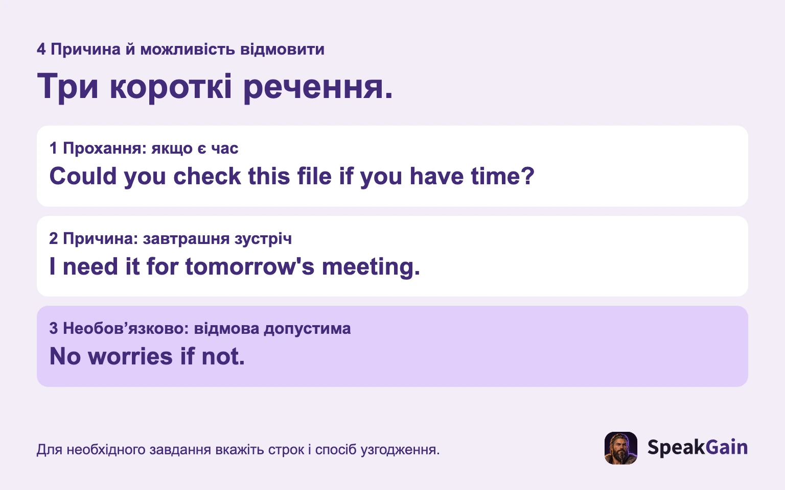 Назвіть прохання й причину; дозвольте відмовити, якщо допомога справді необов’язкова.
