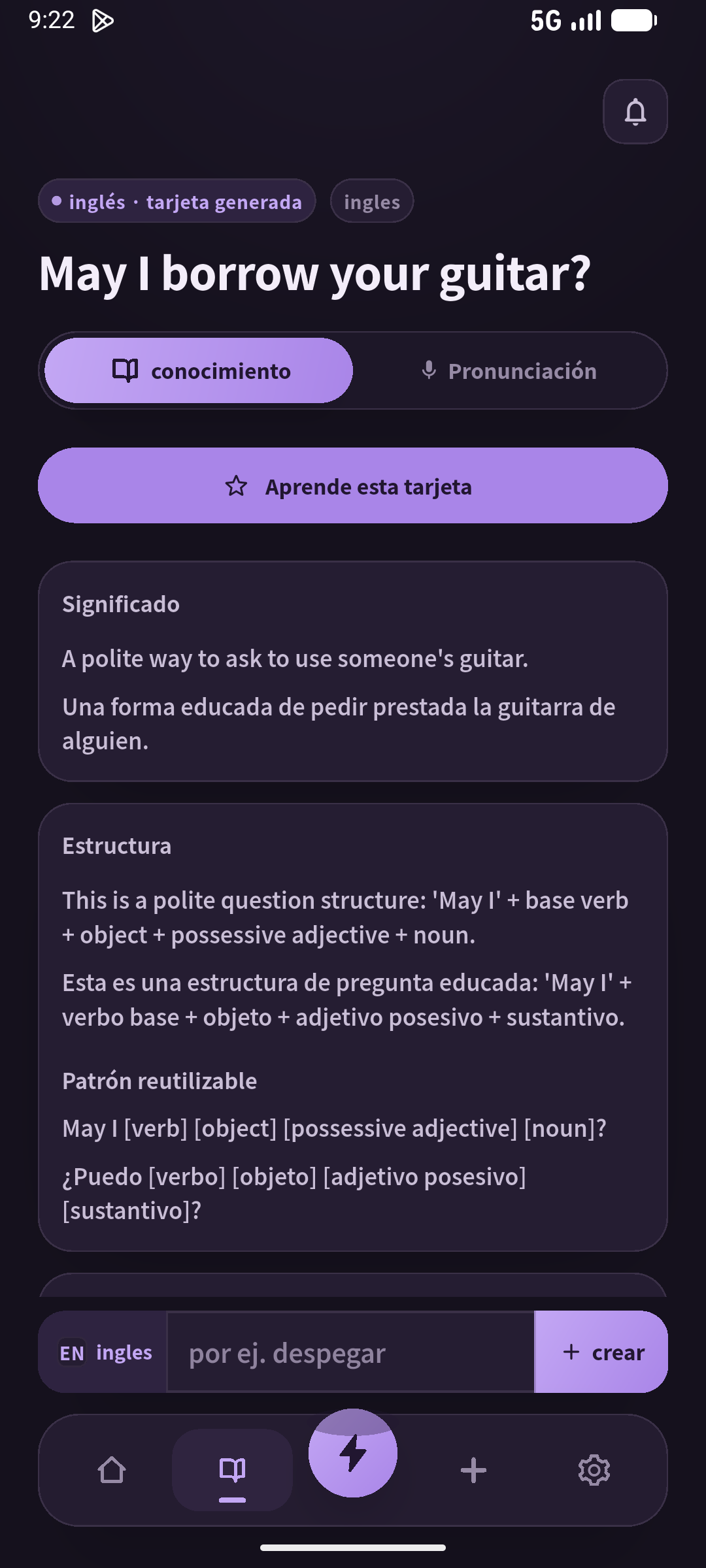 Explica quién recibe el objeto antes de practicar la frase guardada. (SpeakGain)