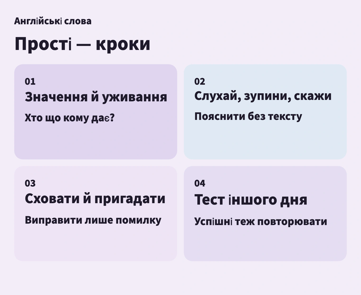 Значення й звук, тест без підказки та повернення згодом. Виправляйте частину, яка не вийшла.