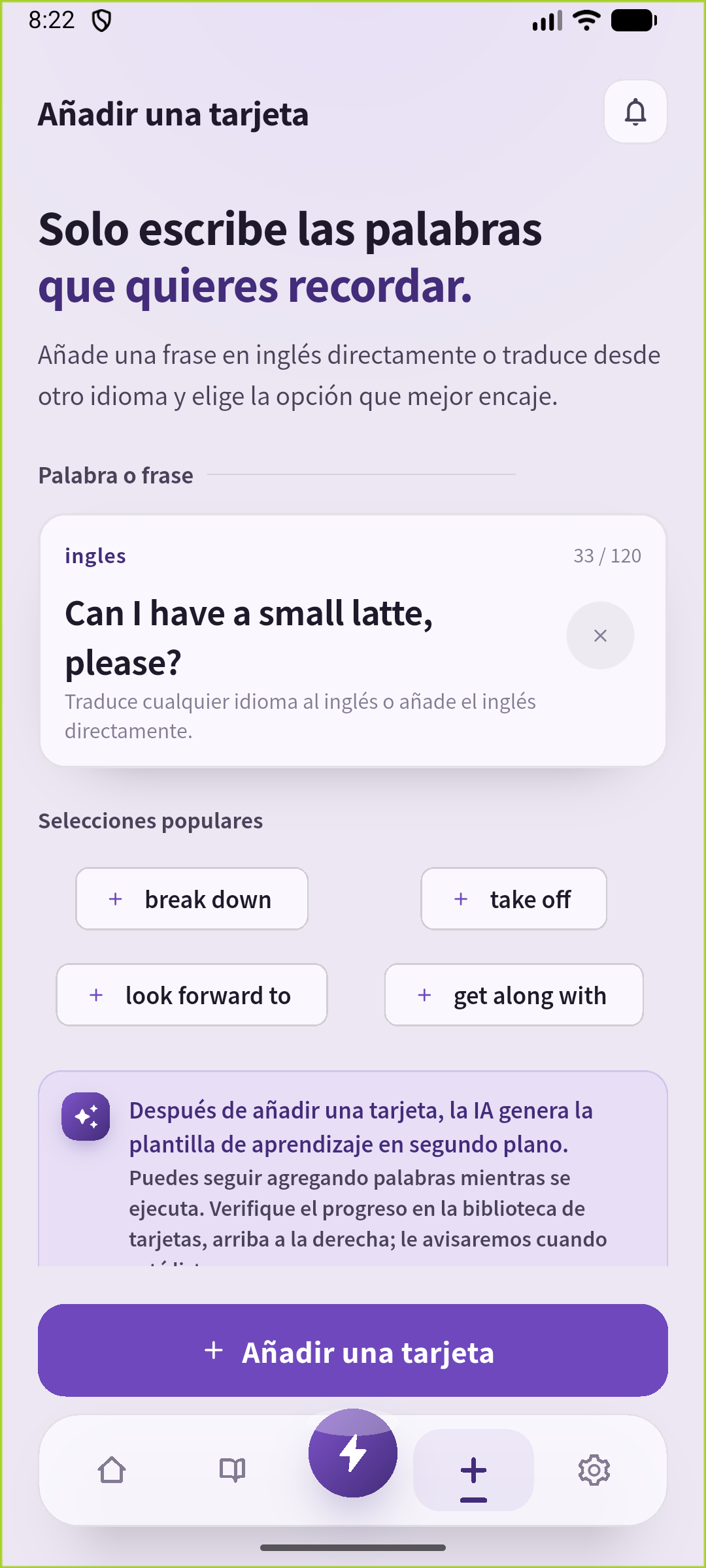 Pantalla para añadir una tarjeta en SpeakGain con el pedido de latte pequeño