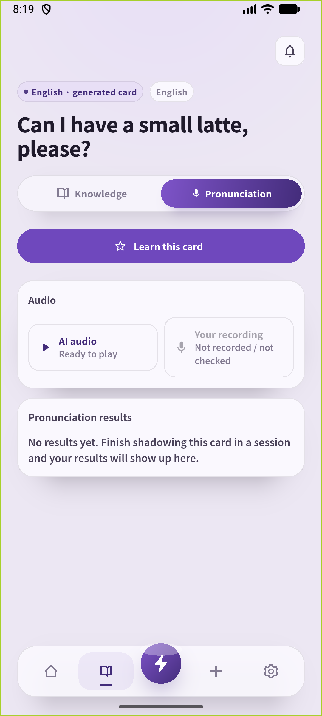 SpeakGain pronunciation screen for the saved small-latte card