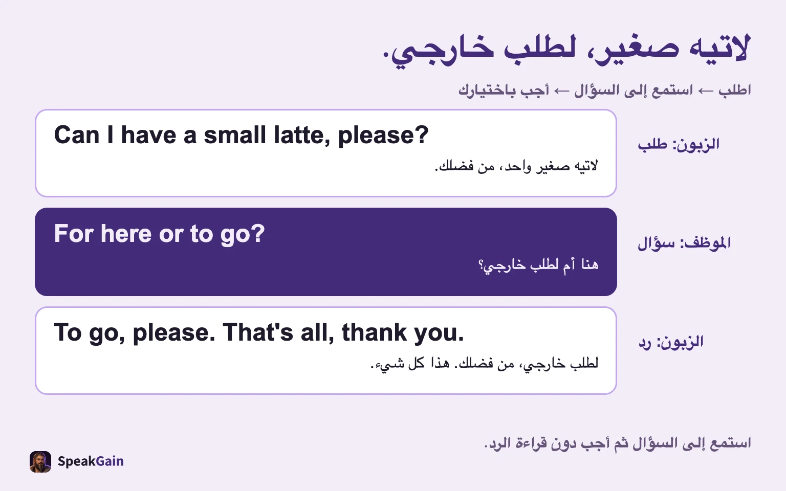 لاتيه صغير، لطلب خارجي. اطلب ← استمع إلى السؤال ← أجب باختيارك