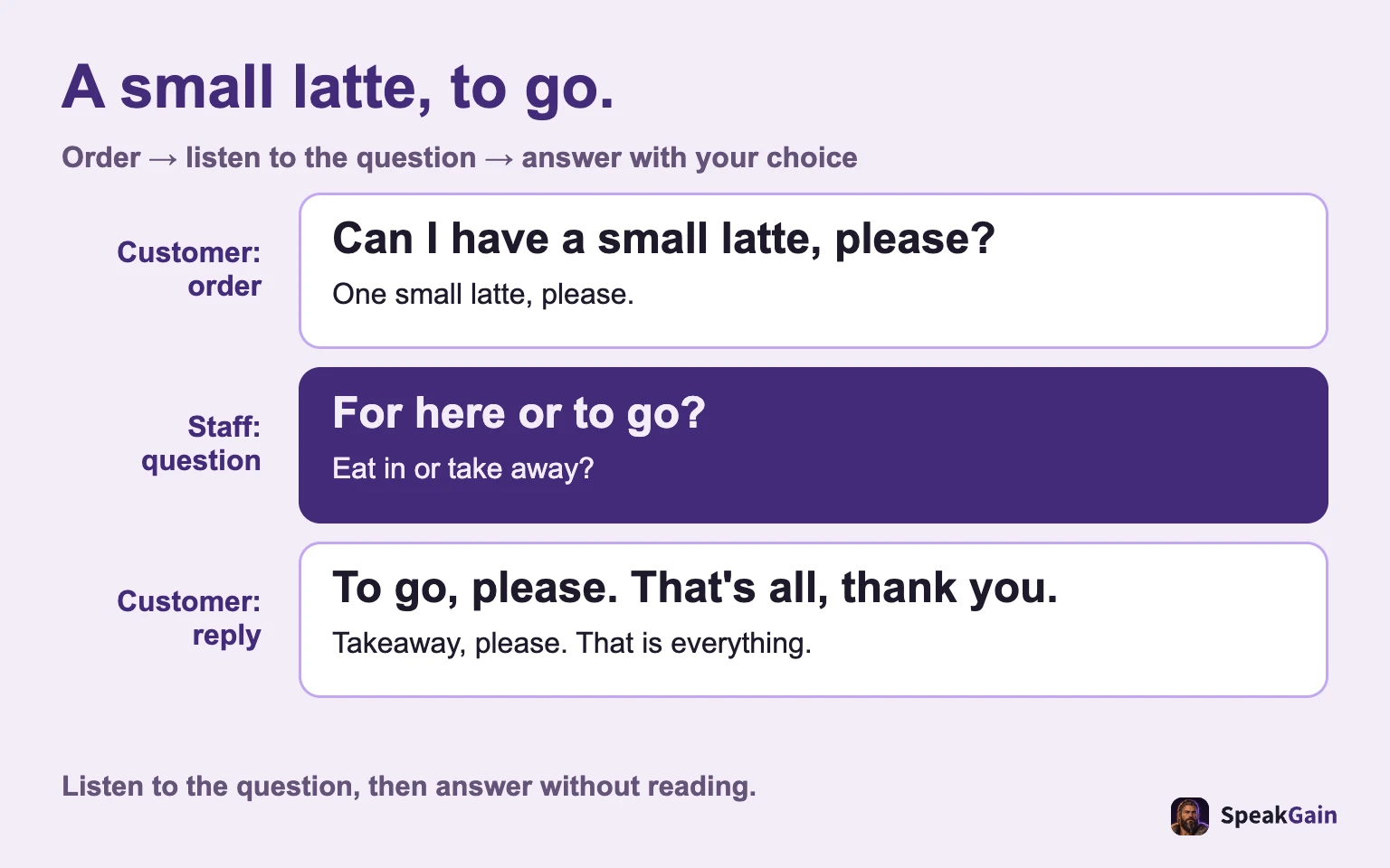 A small latte, to go. Order → listen to the question → answer with your choice