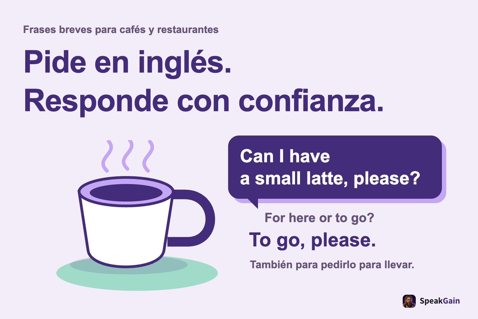 Taza y pedido en inglés, con una pregunta y una respuesta para llevar