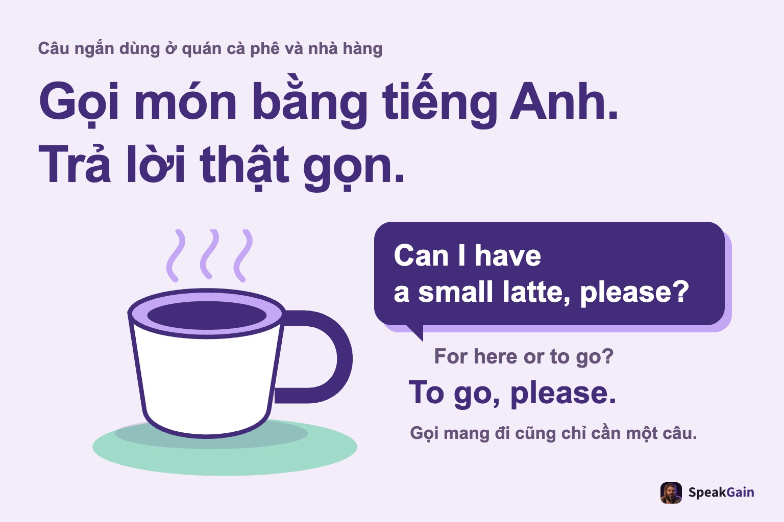 Tách cà phê và lời gọi món tiếng Anh, kèm câu hỏi và câu trả lời mang đi