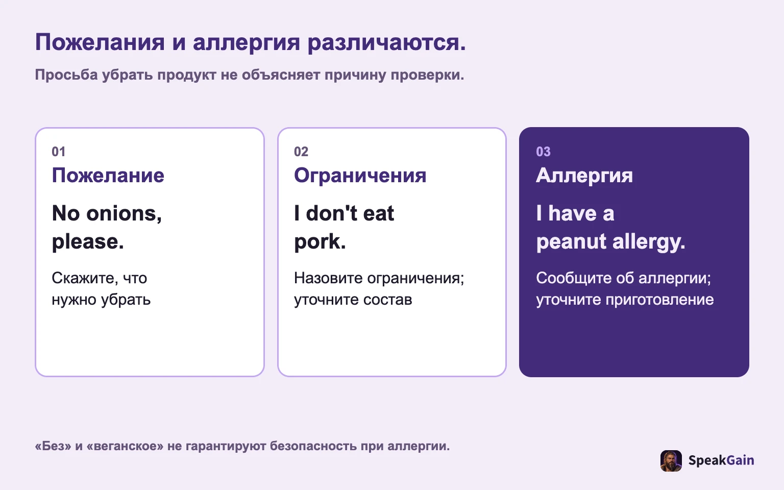 Пожелания и аллергия различаются. Просьба убрать продукт не объясняет причину проверки.