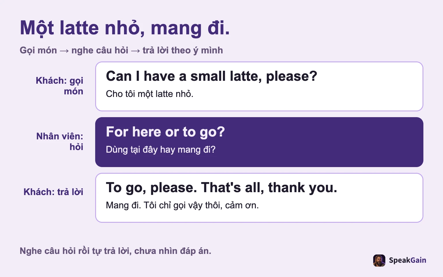 Một latte nhỏ, mang đi. Gọi món → nghe câu hỏi → trả lời theo ý mình