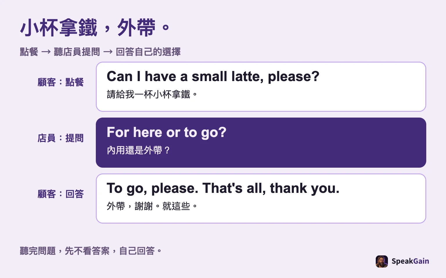 小杯拿鐵,外帶。 點餐 → 聽店員提問 → 回答自己的選擇
