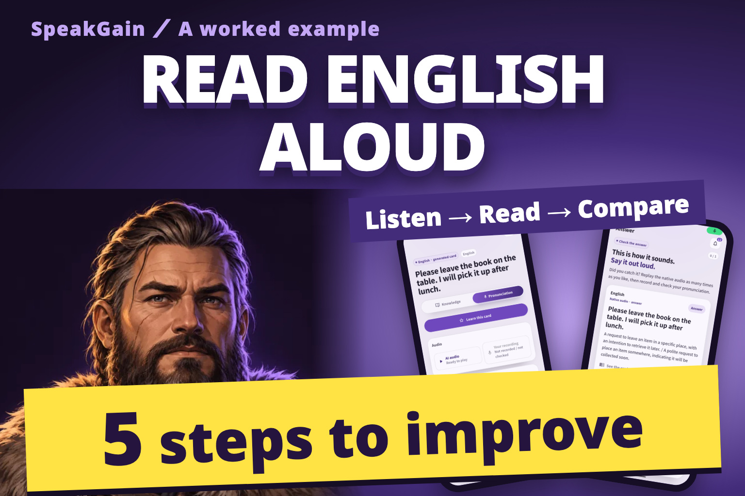 Read English aloud: 5 steps to improve, with a Viking and real SpeakGain model-playback and recording screens