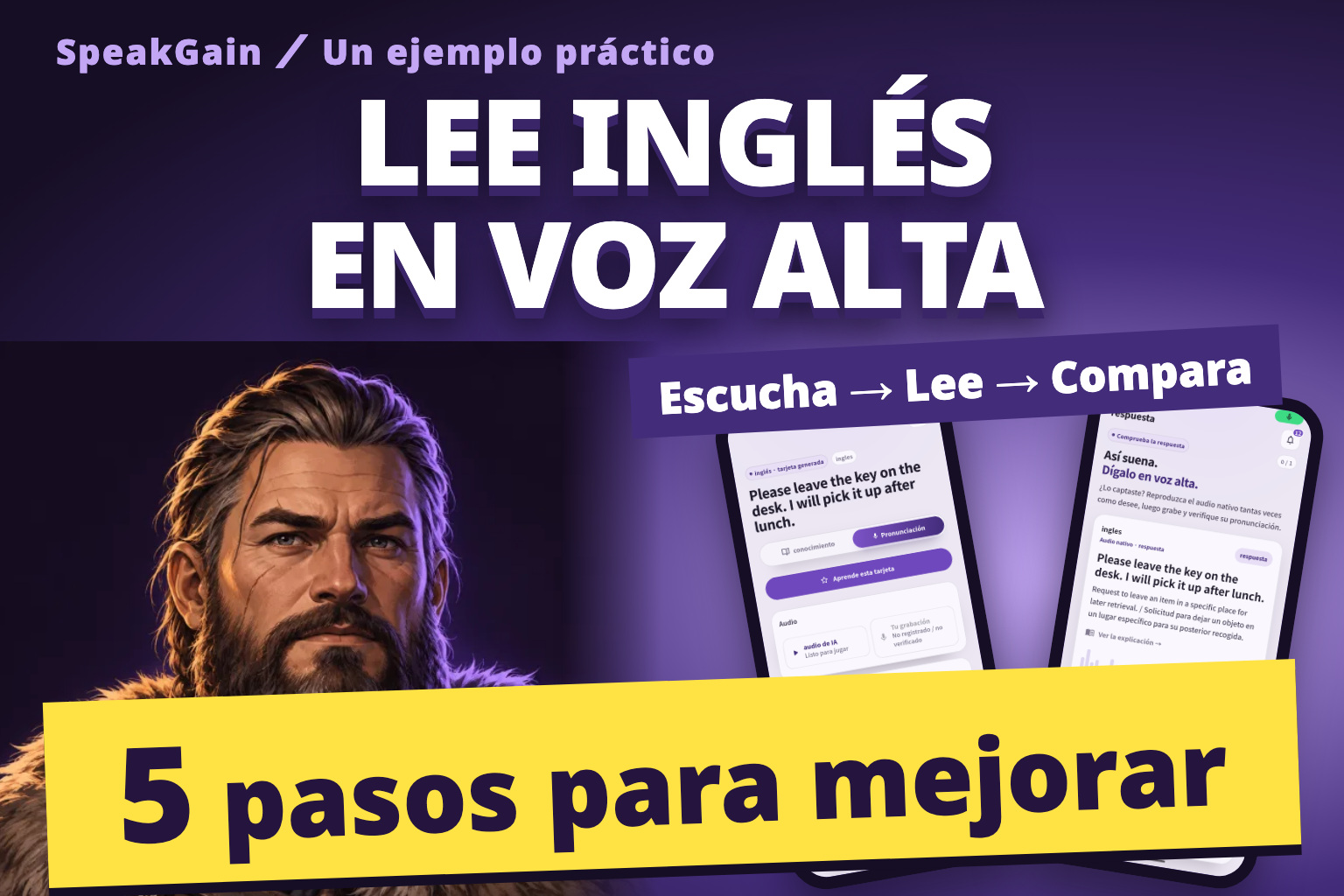 Lee inglés en voz alta: cinco pasos para mejorar, un vikingo y pantallas reales de reproducción del modelo y grabación de SpeakGain
