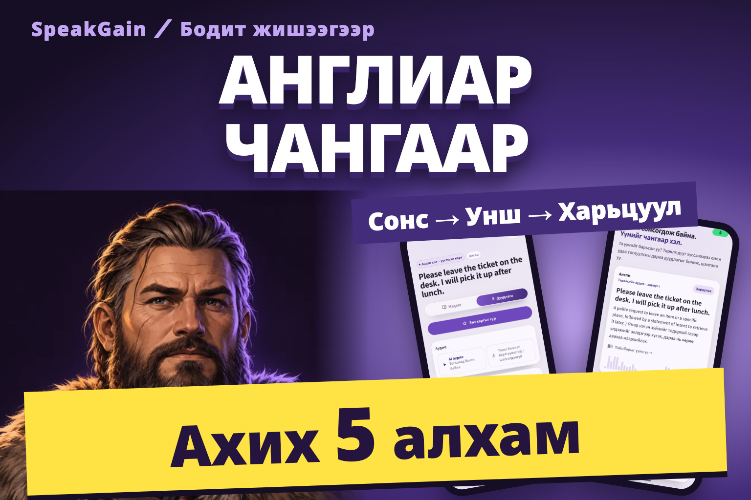 Англиар чангаар: ахих таван алхам, викинг ба SpeakGain-ийн жишиг тоглуулах, дуу бичих бодит дэлгэц