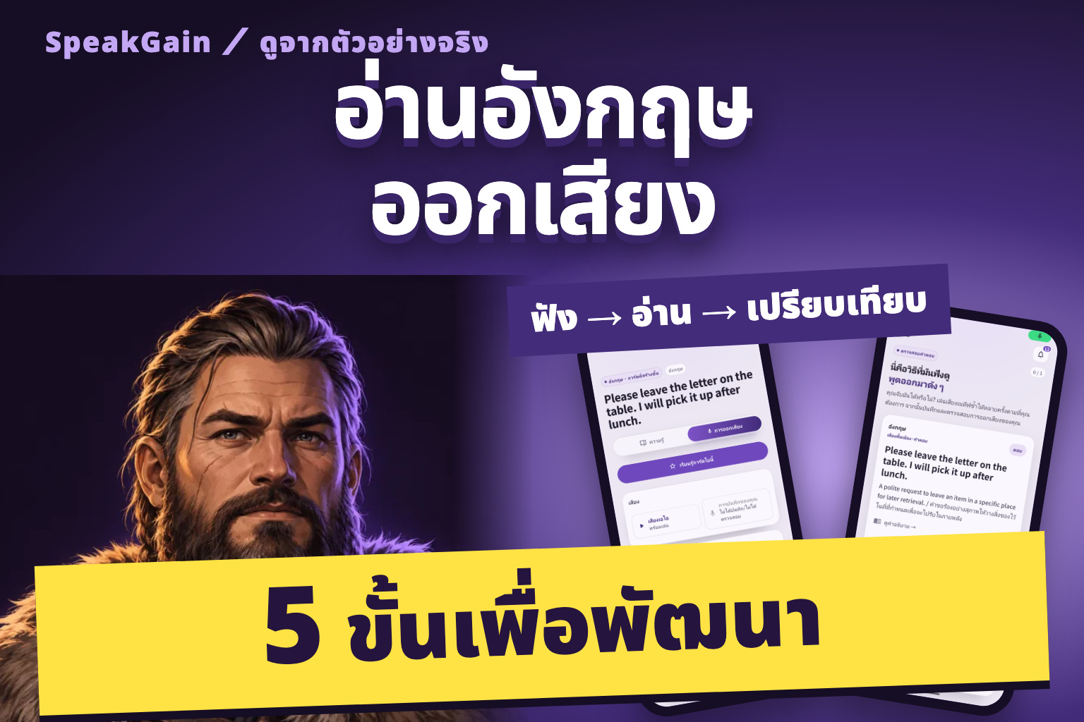 อ่านอังกฤษออกเสียง ห้าขั้นเพื่อพัฒนา พร้อมไวกิงและหน้าจอจริงของ SpeakGain สำหรับเล่นต้นแบบและอัดเสียง