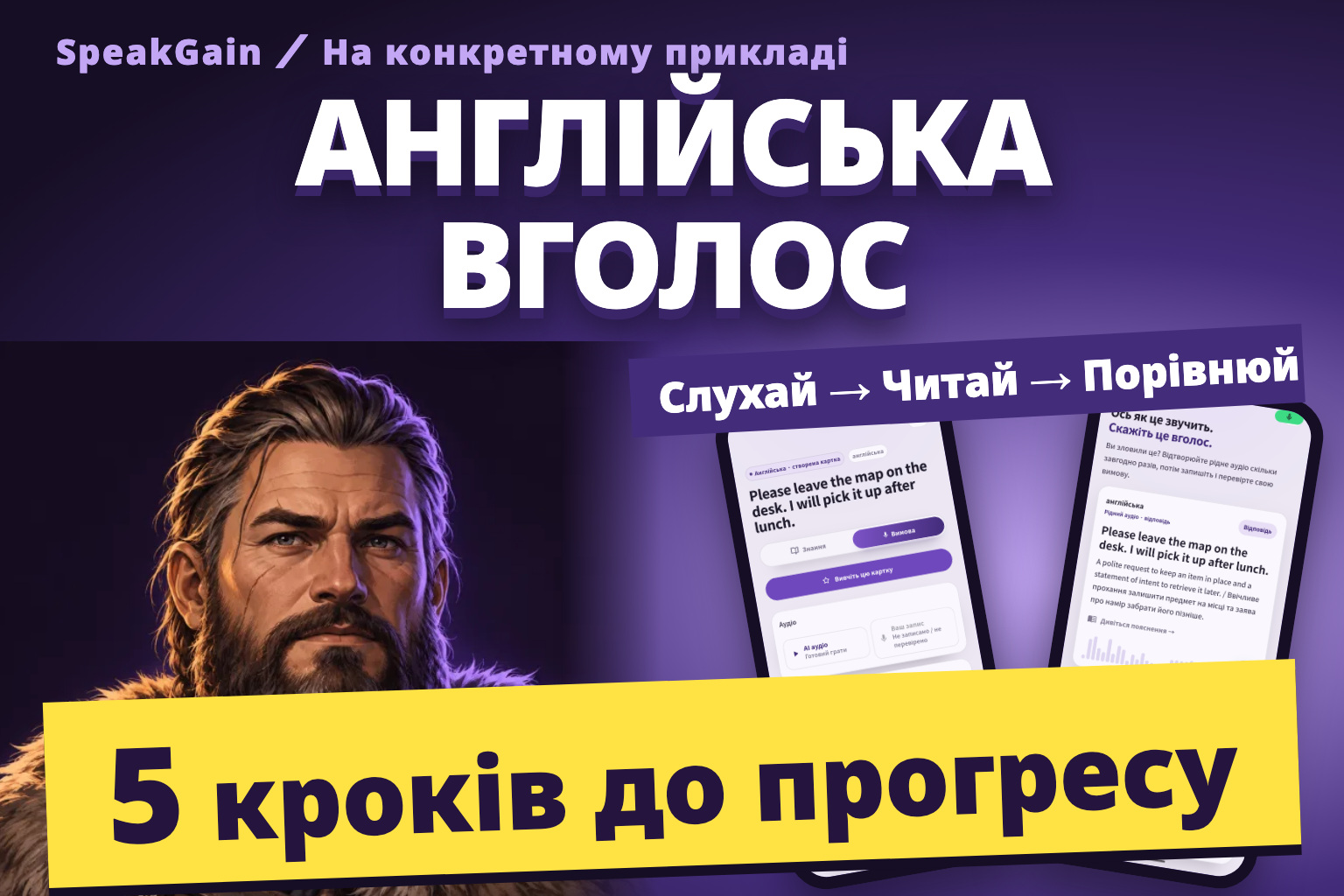 Англійська вголос: п’ять кроків до прогресу, вікінг і справжні екрани відтворення зразка та запису в SpeakGain