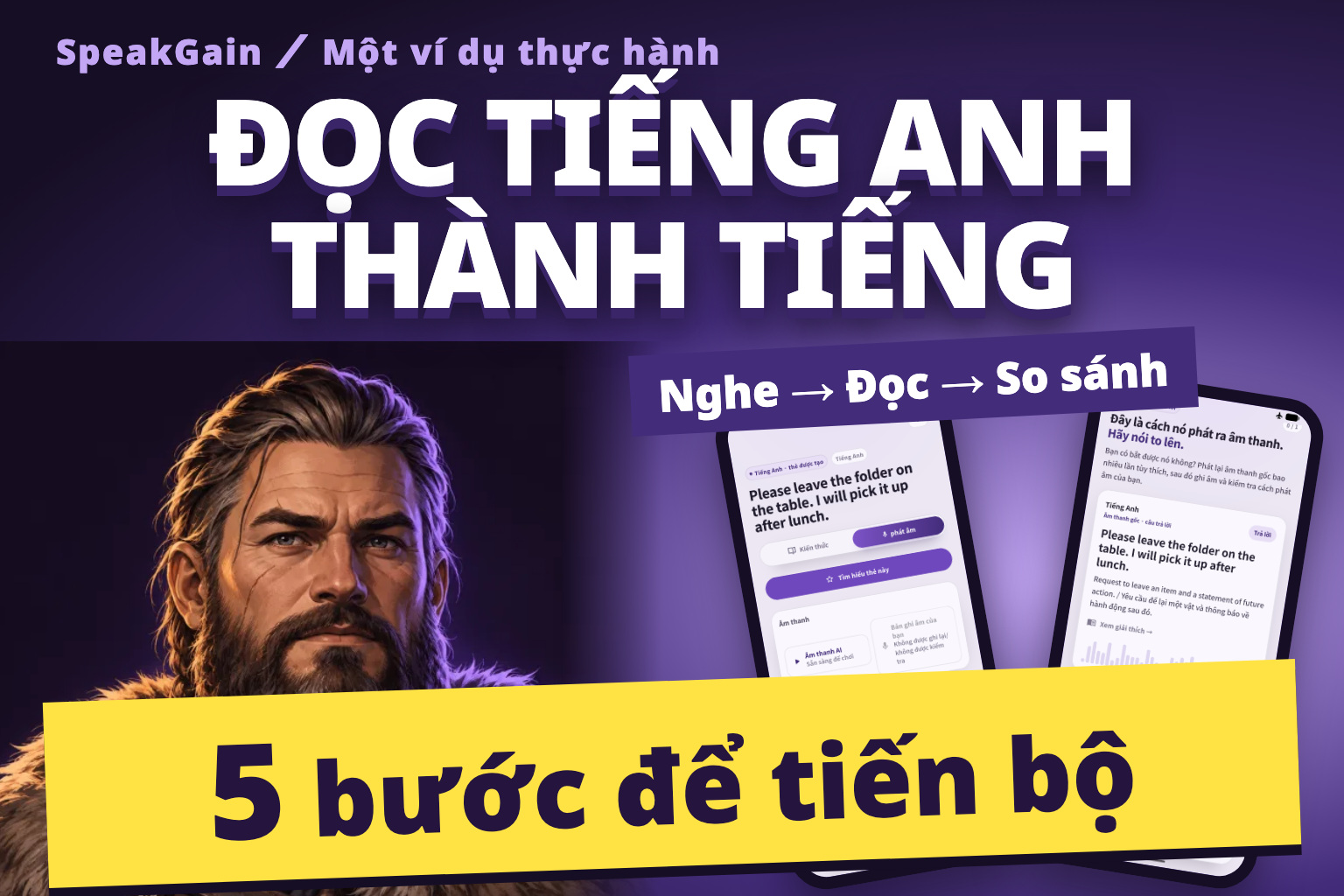Đọc tiếng Anh thành tiếng: năm bước để tiến bộ, nhân vật Viking và màn hình thật của SpeakGain để nghe mẫu và thu âm