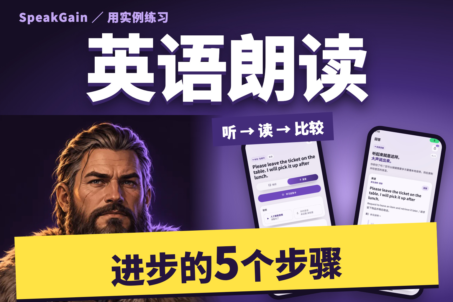 英语朗读，进步的五个步骤。维京角色与SpeakGain真实的示范播放、录音画面