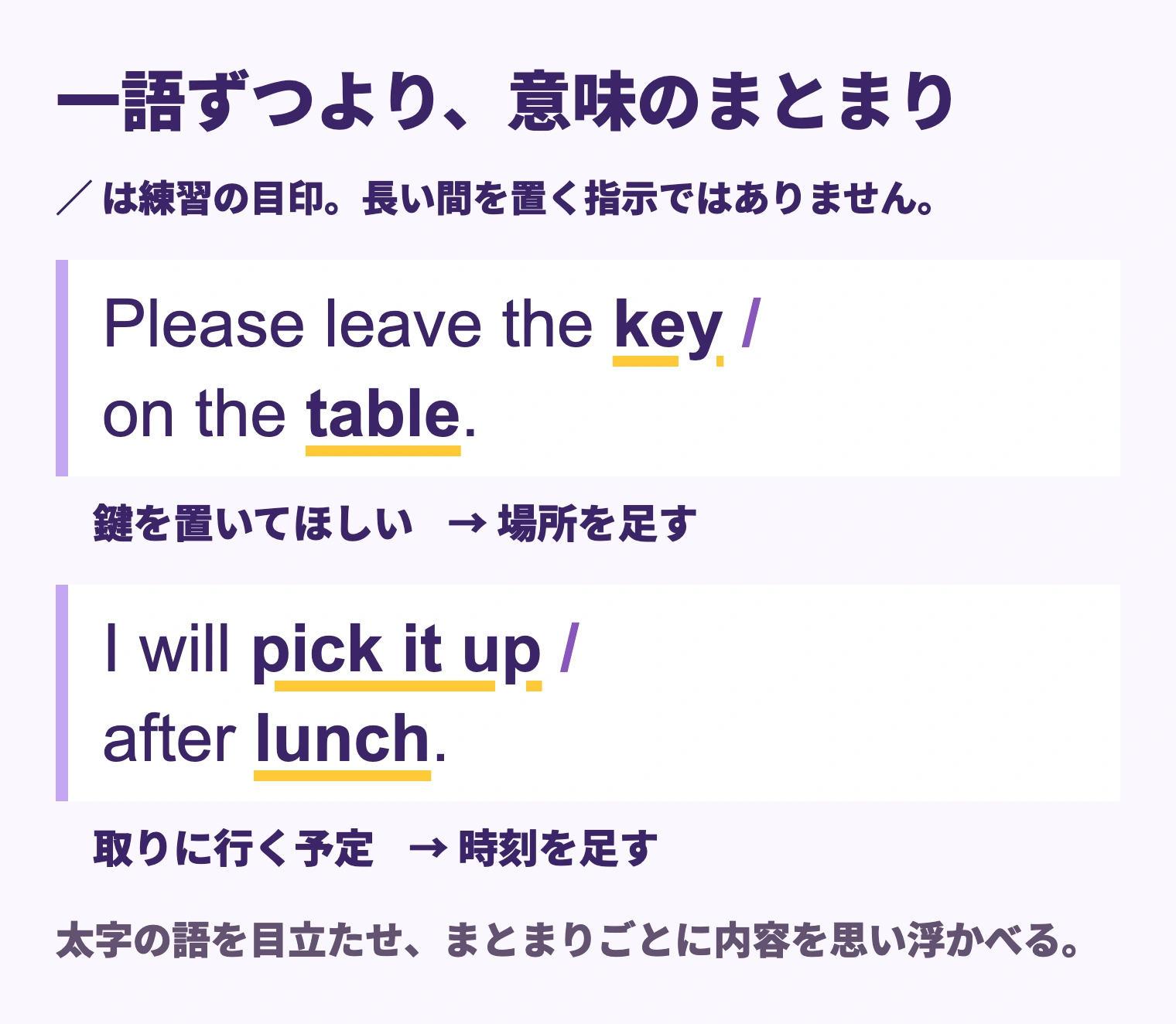 二文を依頼と場所、取りに行く予定と時刻に区切った図。key、table、pick it up、lunchを強調。