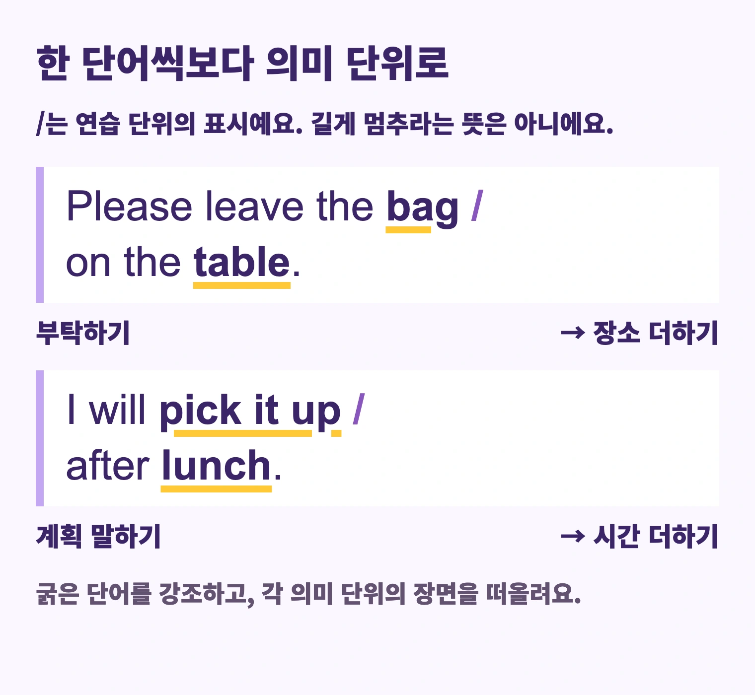 Please leave the bag / on the table. I will pick it up / after lunch. 부탁하기; 장소 더하기; 계획 말하기; 시간 더하기. 굵은 단어를 강조하고, 각 의미 단위의 장면을 떠올려요.