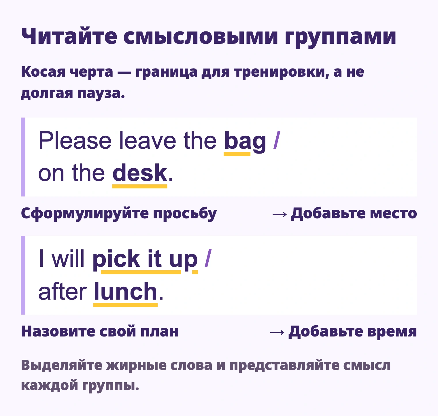 Please leave the bag / on the desk. I will pick it up / after lunch. Сформулируйте просьбу; Добавьте место; Назовите свой план; Добавьте время. Выделяйте жирные слова и представляйте смысл каждой группы.