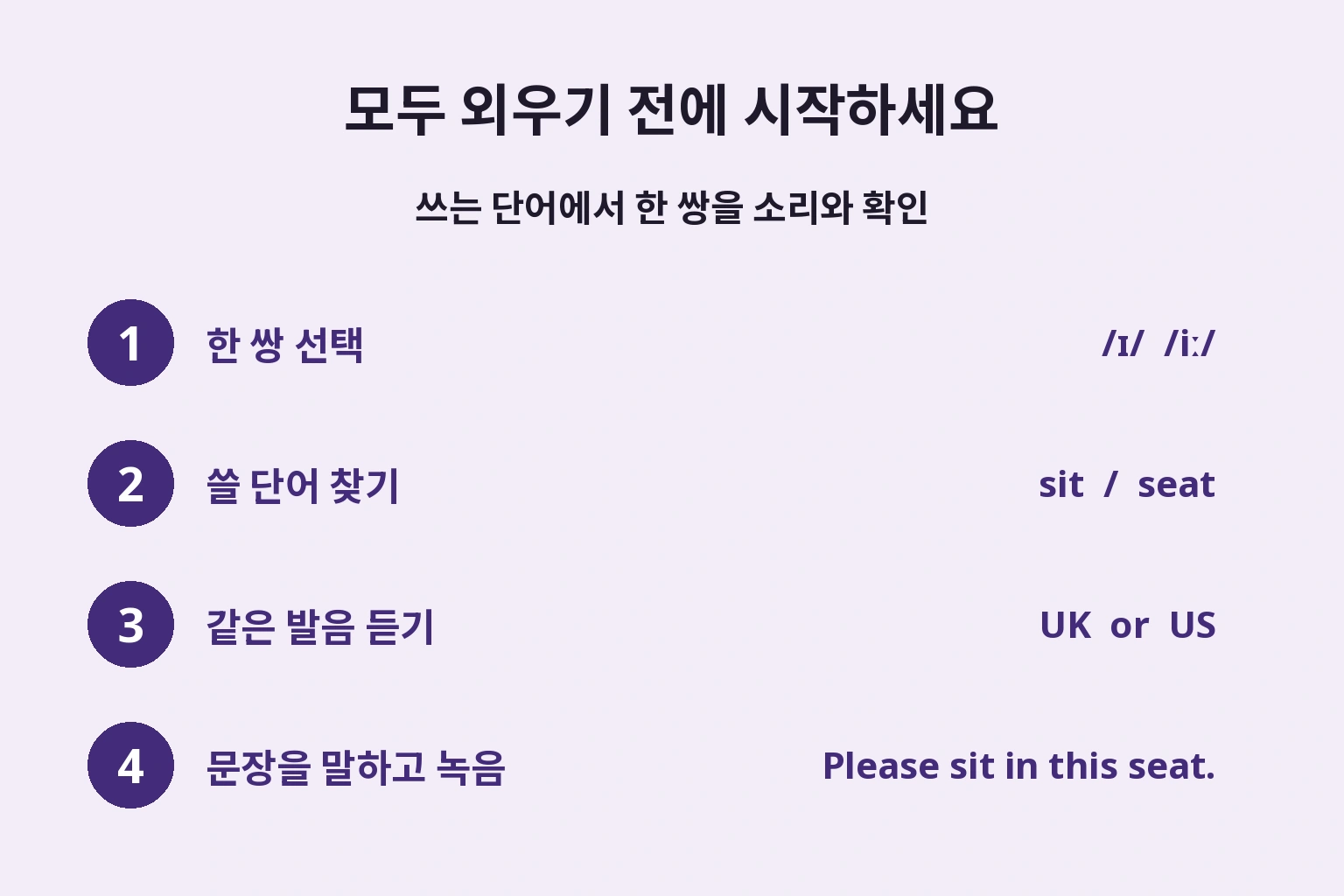 모두 외우기 전에 시작하세요 — 쓰는 단어에서 한 쌍을 소리와 확인
