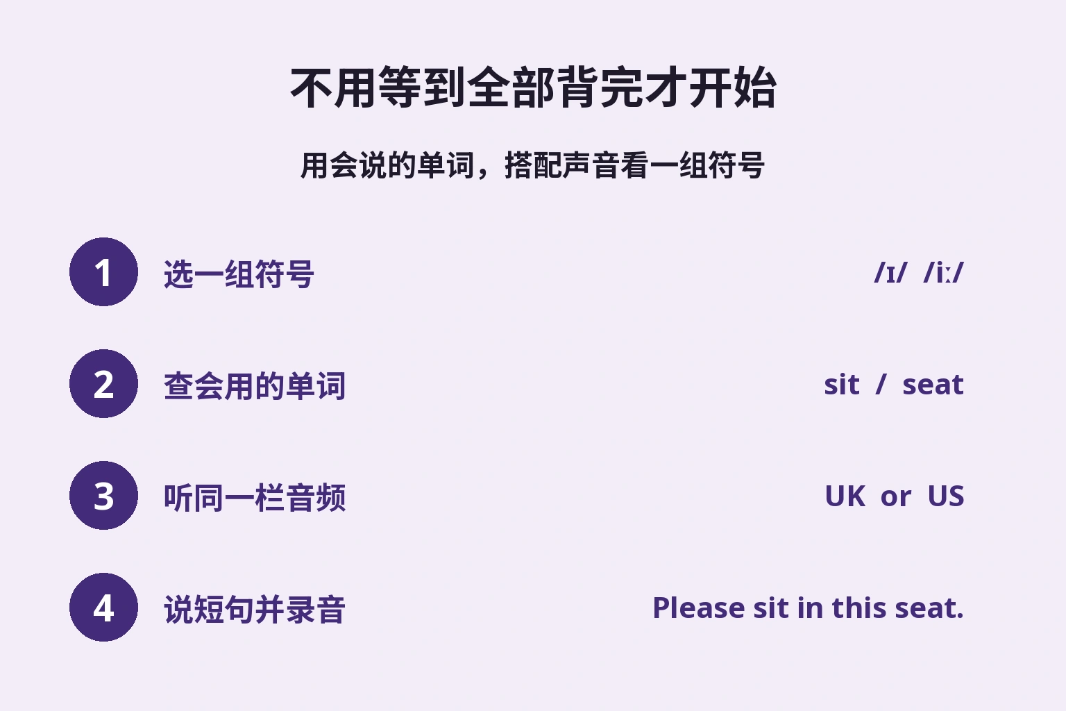 不用等到全部背完才开始 — 用会说的单词，搭配声音看一组符号