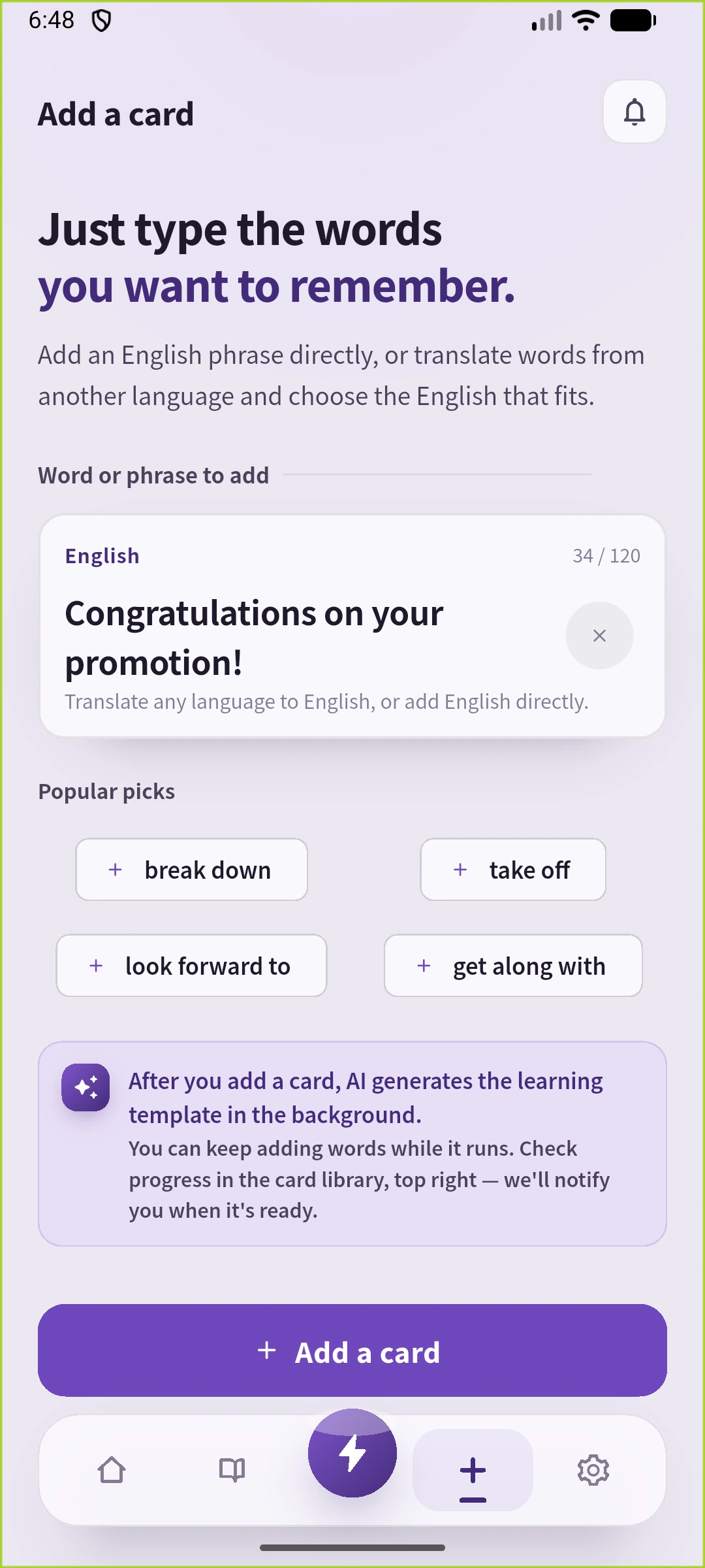SpeakGainの作成画面にCongratulations on your promotionという昇進祝いの英文を入力した状態