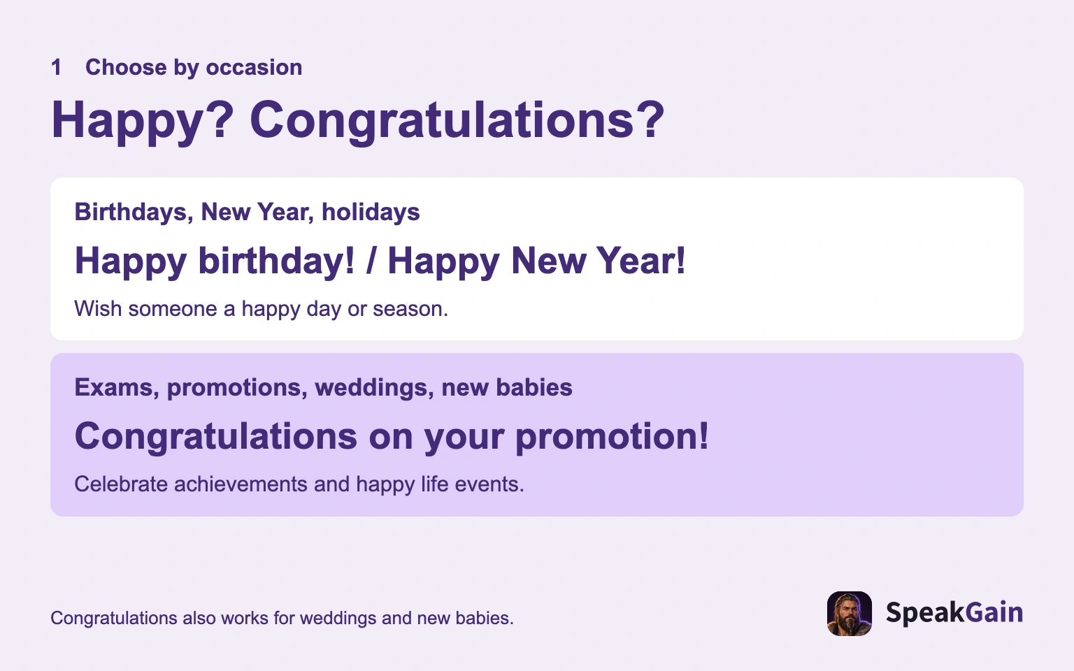 Happy wishes a good day or season; Congratulations celebrates good news.