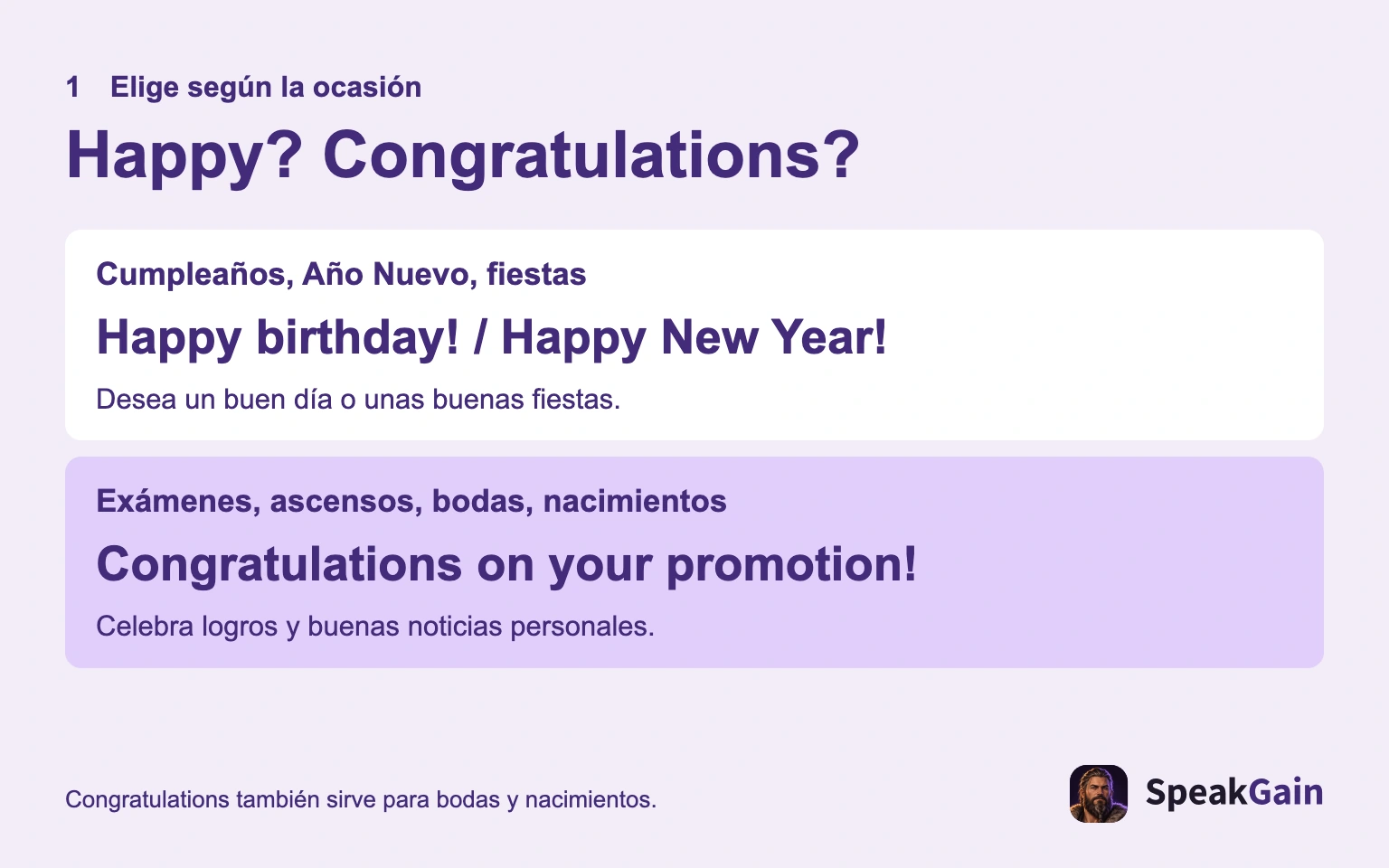 Happy desea un buen día o temporada; Congratulations celebra noticias.