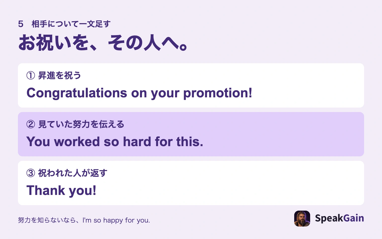 昇進祝いのCongratulations on your promotionにYou worked so hard for thisを足し、祝われた人がThank youと返す短い会話