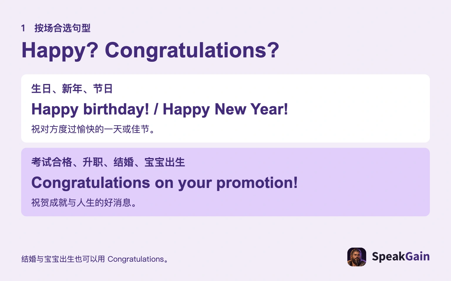 Happy 祝福一天或季节；Congratulations 回应好消息。