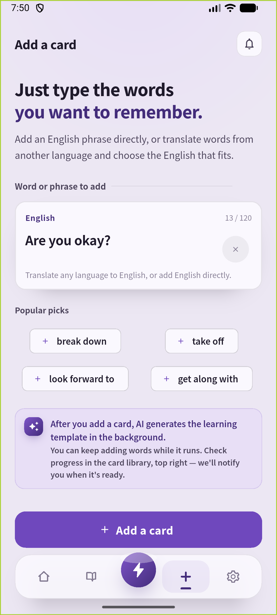 SpeakGainのカード追加画面にAre you okay?を入力した状態