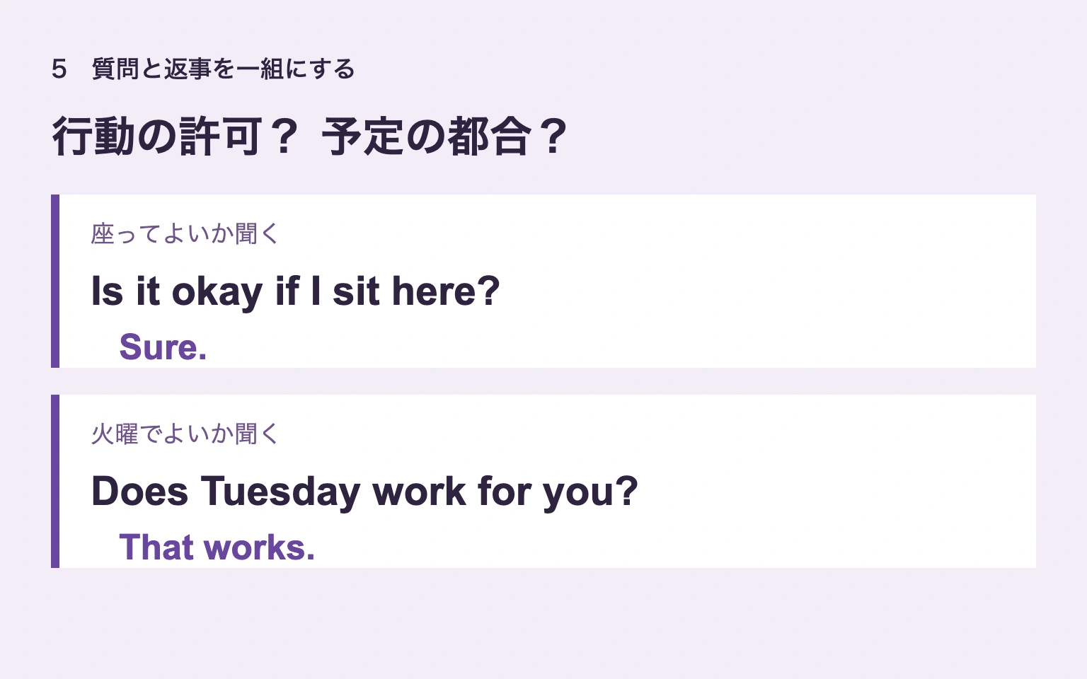 許可はIs it okay if I sit here?とSure.、予定はDoes Tuesday work for you?とThat works.で一往復にした図