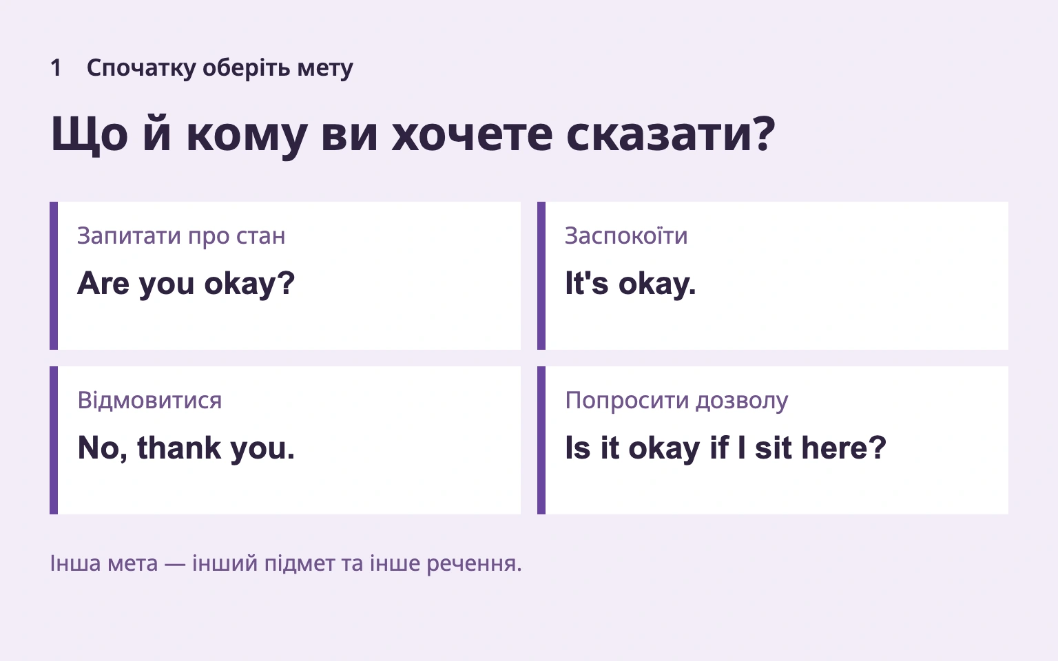 Спочатку мета: підмет та англійська фраза змінюються.