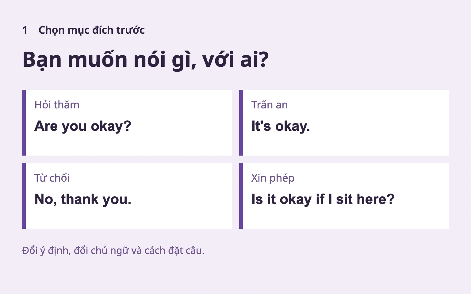 Chọn mục đích trước; chủ ngữ và cách đặt câu sẽ đổi.