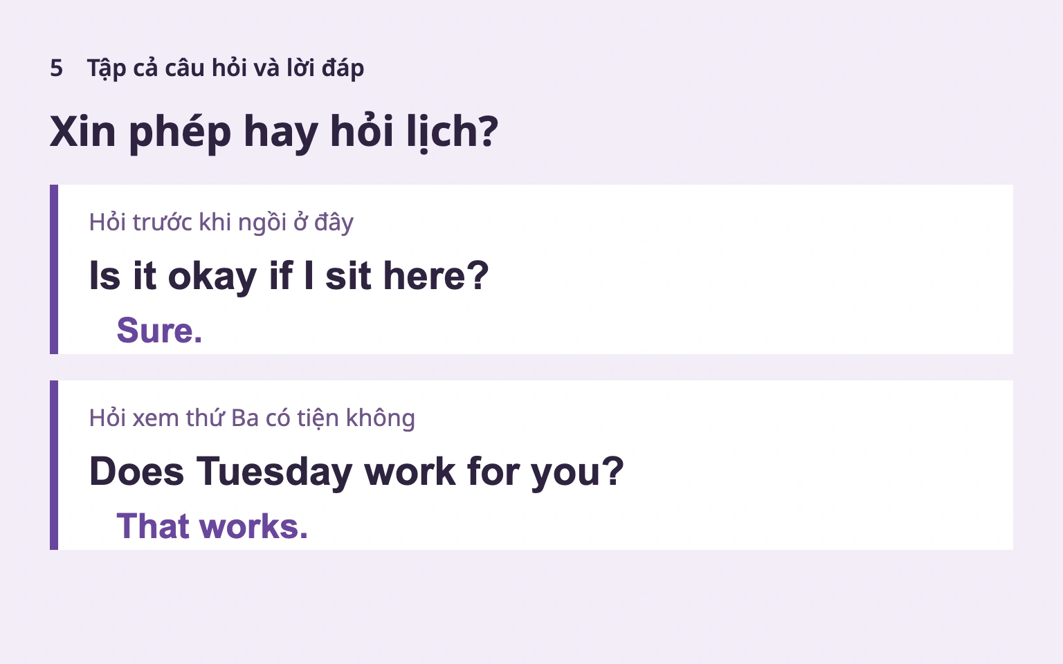 Tập câu hỏi xin phép hoặc hỏi lịch cùng lời đáp.