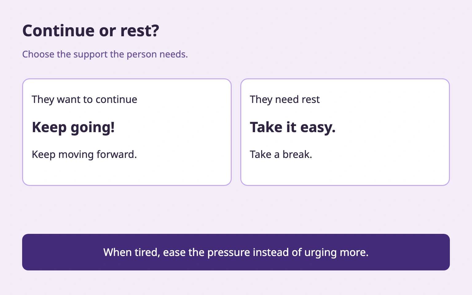 Keep going for someone continuing, and Take it easy for someone needing rest