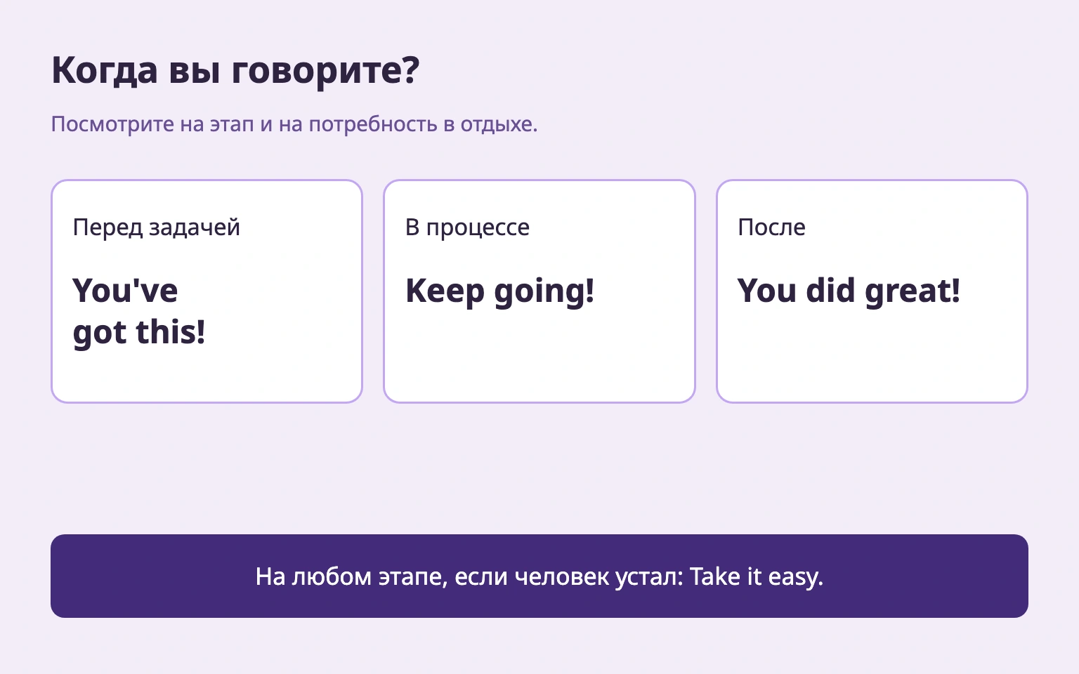 Поддержка до, во время и после испытания; отдых возможен на любом этапе