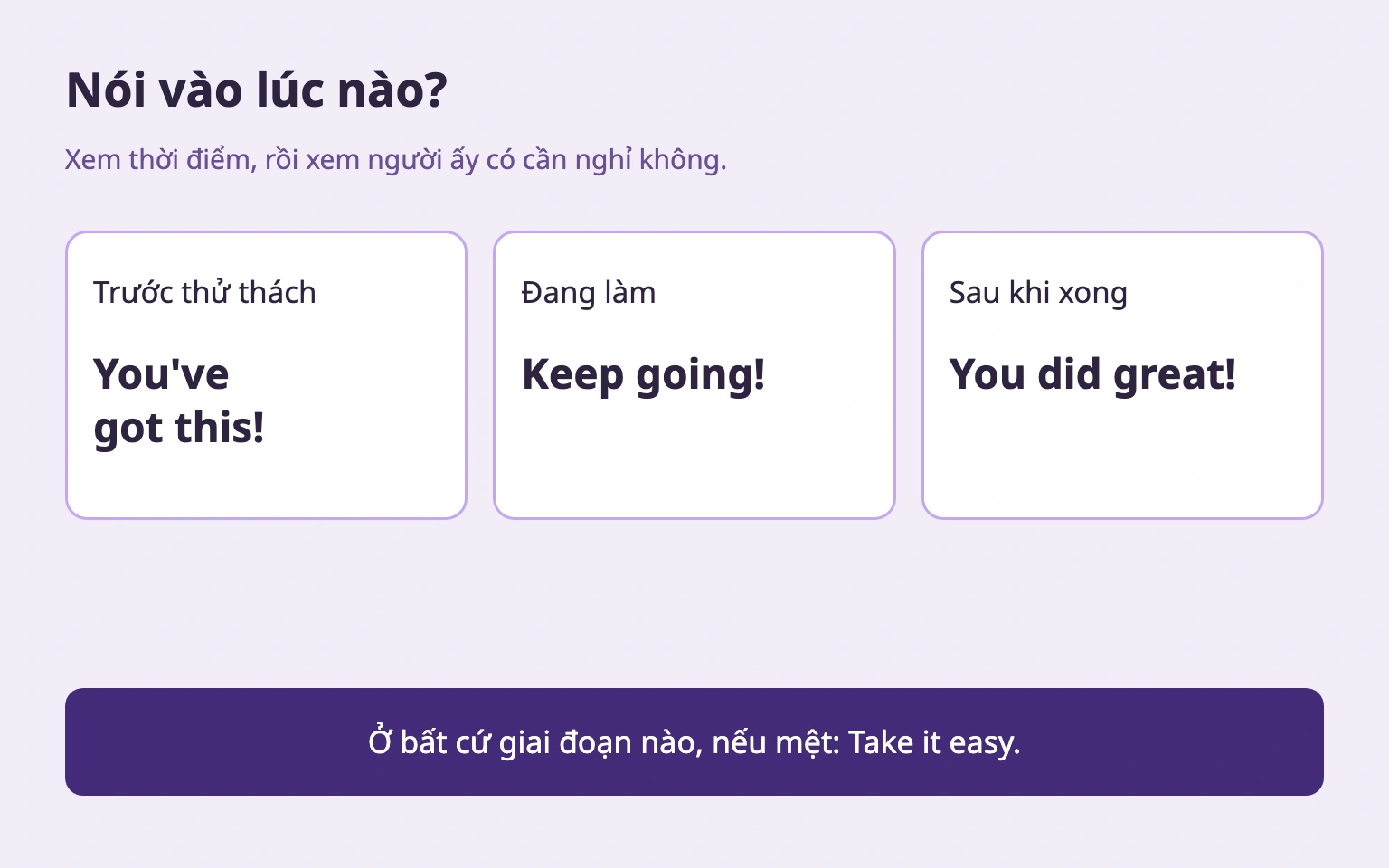Trước, trong và sau thử thách, kèm lựa chọn nghỉ ở mọi giai đoạn