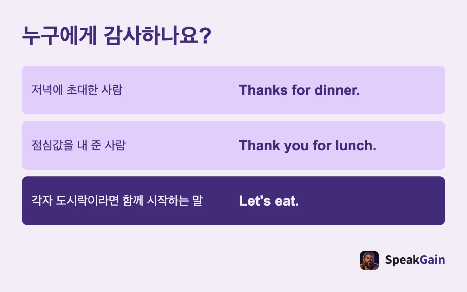 누구에게 감사하나요?: 저녁에 초대한 사람; 점심값을 내 준 사람; 각자 도시락이라면 함께 시작하는 말