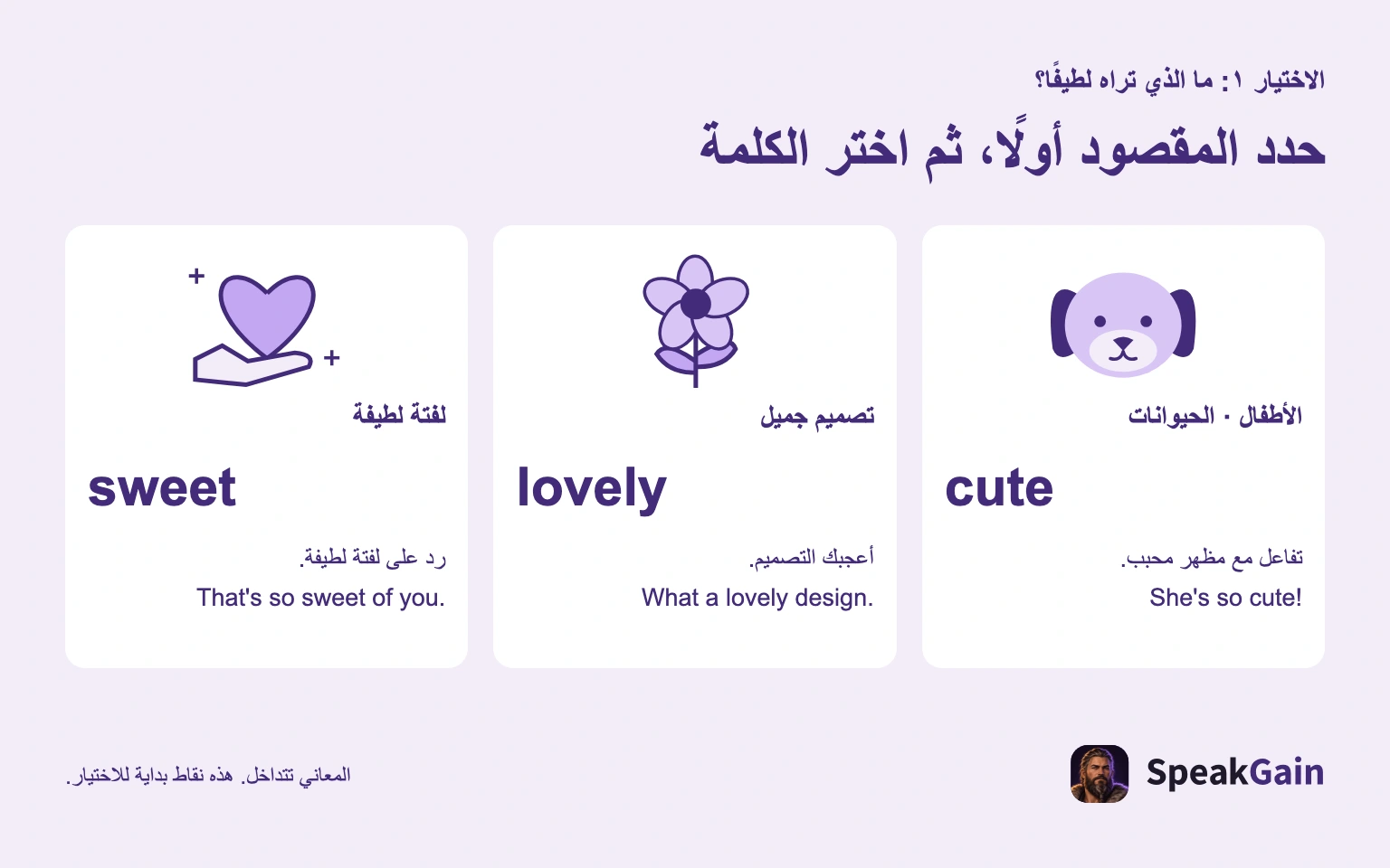 يمكن اختيار cute للأطفال والحيوانات، وlovely للتصميم الجميل، وsweet للفتة اللطيفة.