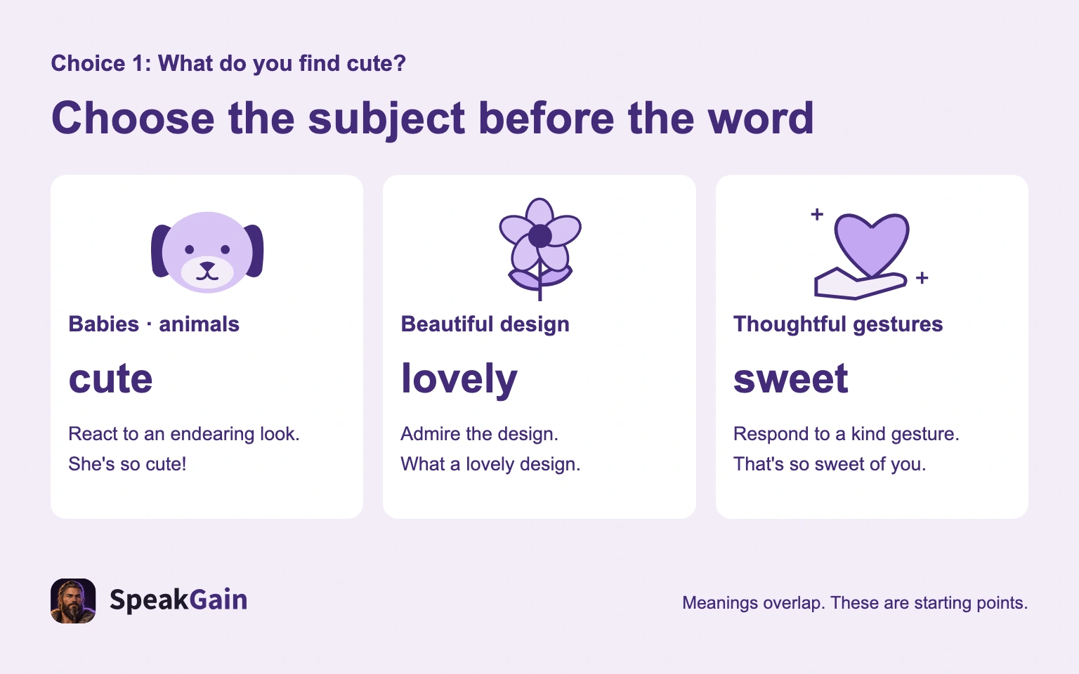 Choose cute for babies and animals, lovely for a beautiful design, and sweet for a thoughtful gesture.