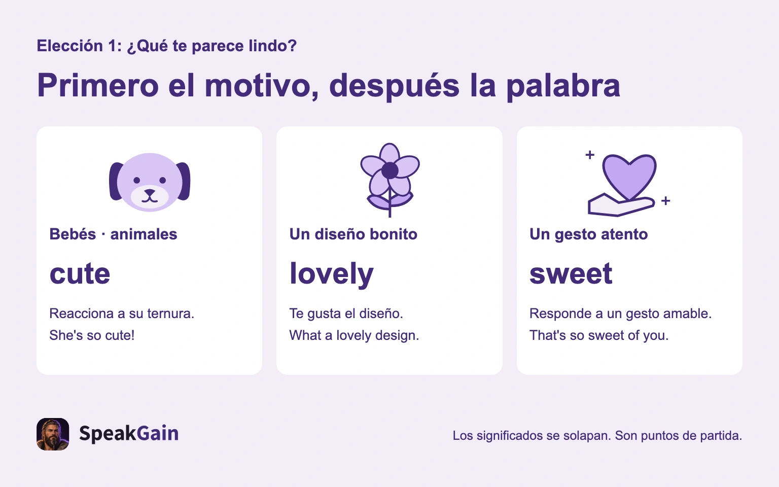 Cute para bebés y animales, lovely para un diseño bonito y sweet para un gesto atento.