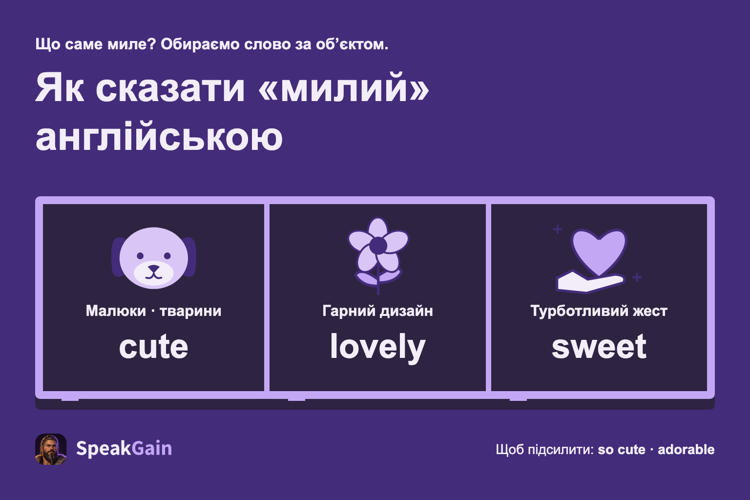 Cute для малюків і тварин, lovely для гарного дизайну, sweet для турботливого жесту.