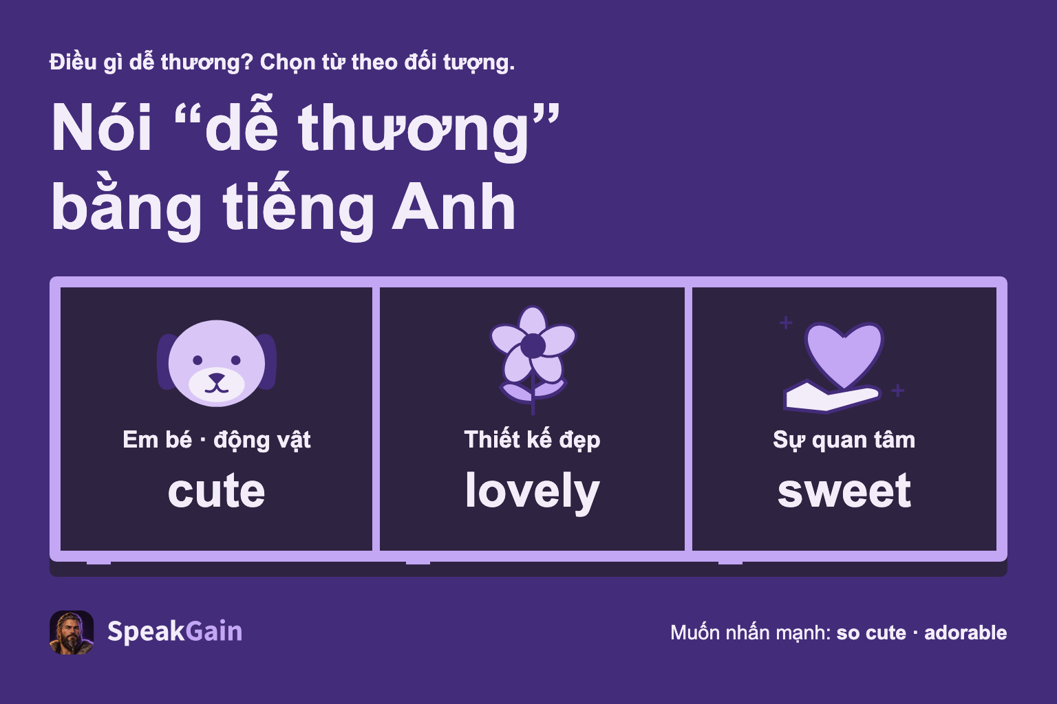 Chọn cute cho em bé và động vật, lovely cho thiết kế đẹp, sweet cho sự quan tâm.
