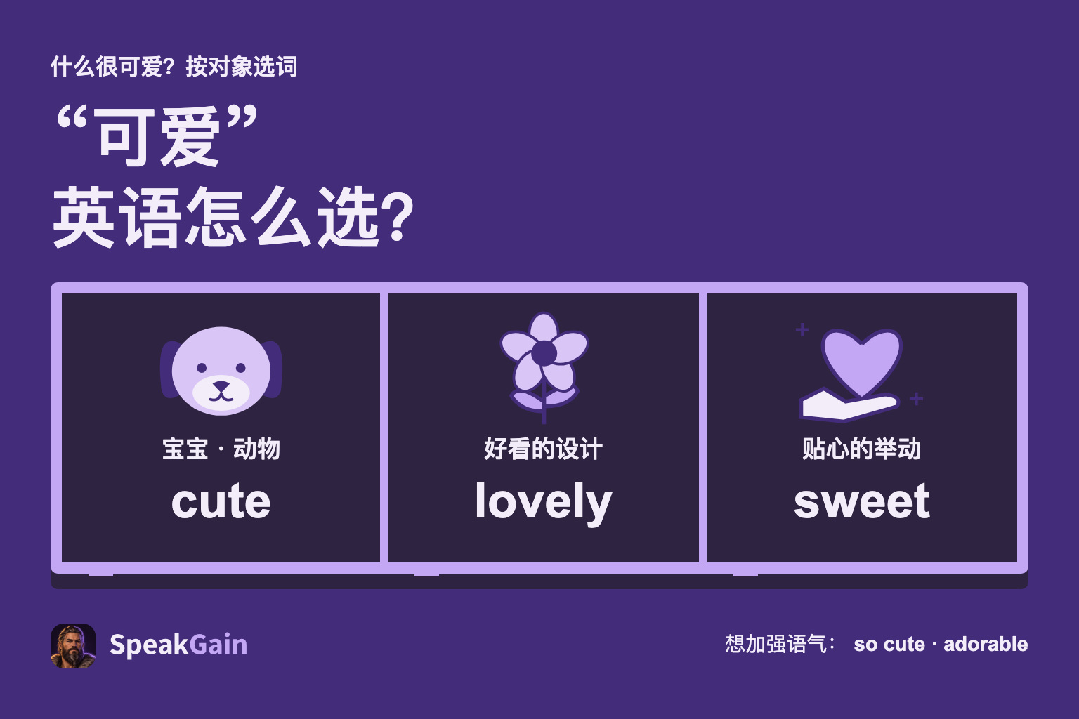 按对象选词:宝宝和动物cute,好看的设计lovely,贴心行为sweet。