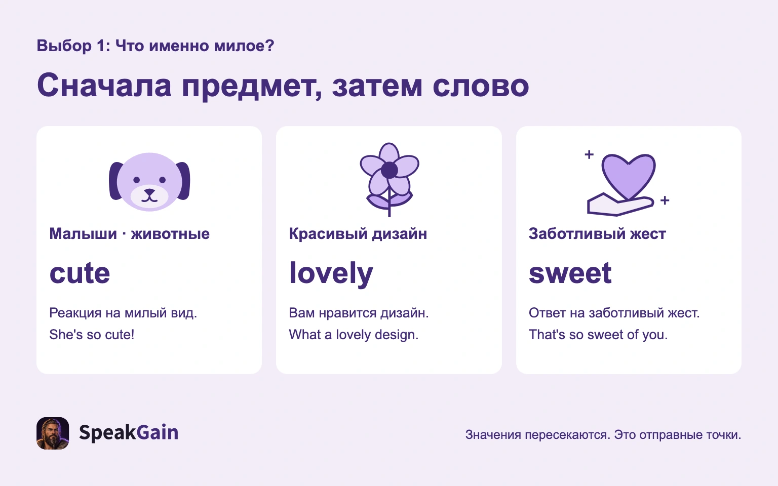 Для малышей и животных можно выбрать cute, для красивого дизайна lovely, для заботы sweet.