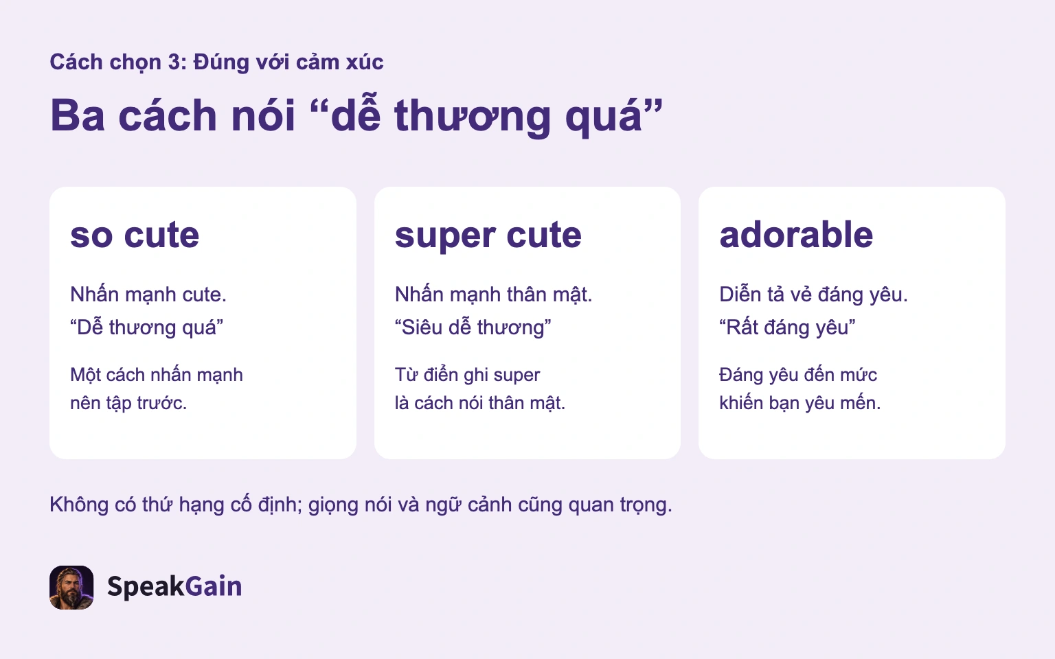 So cute nhấn mạnh cute, super cute nhấn mạnh thân mật, adorable diễn tả nét đáng yêu; không có thứ hạng cố định.