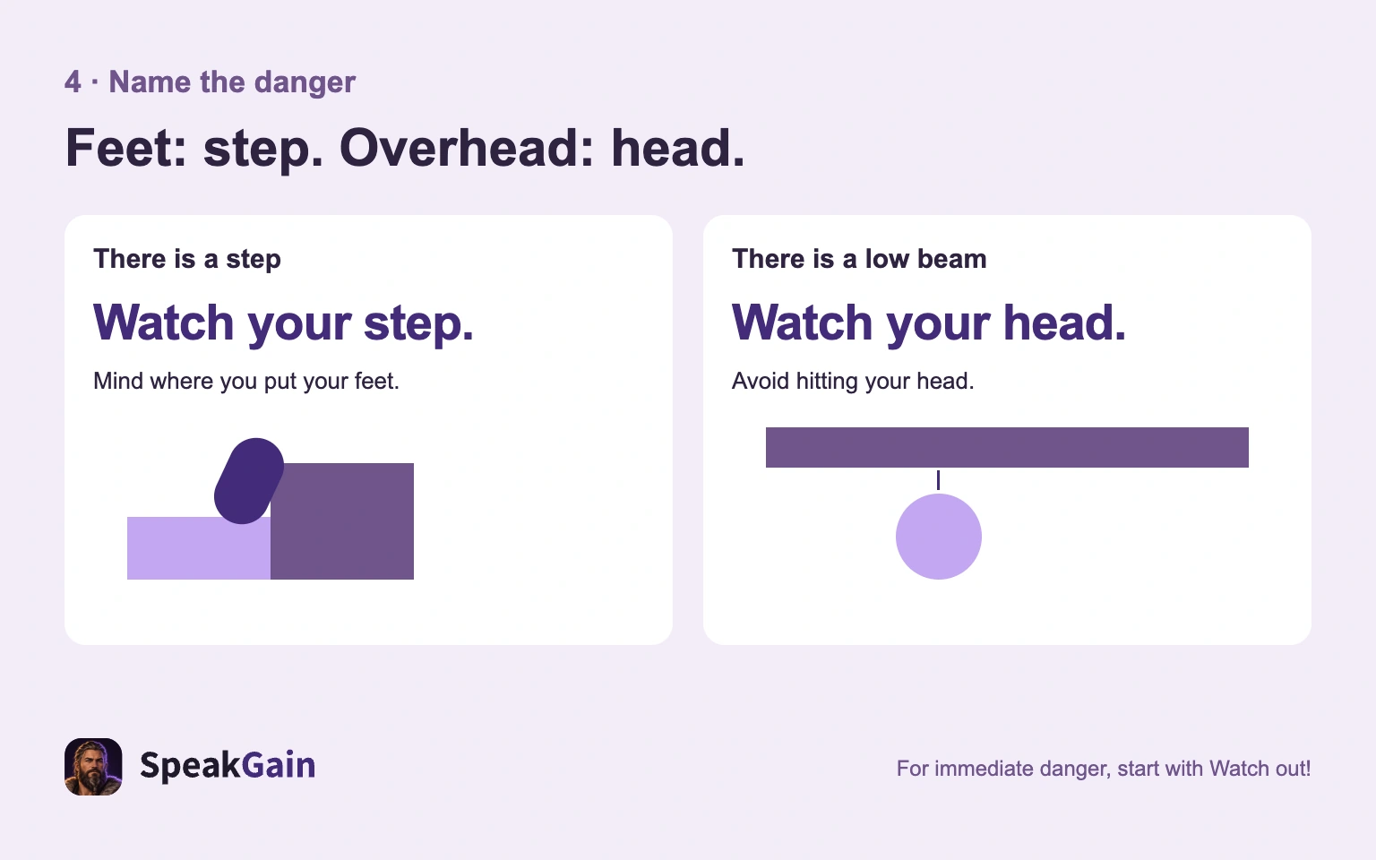 Watch your step. for a step and Watch your head. for a low beam.