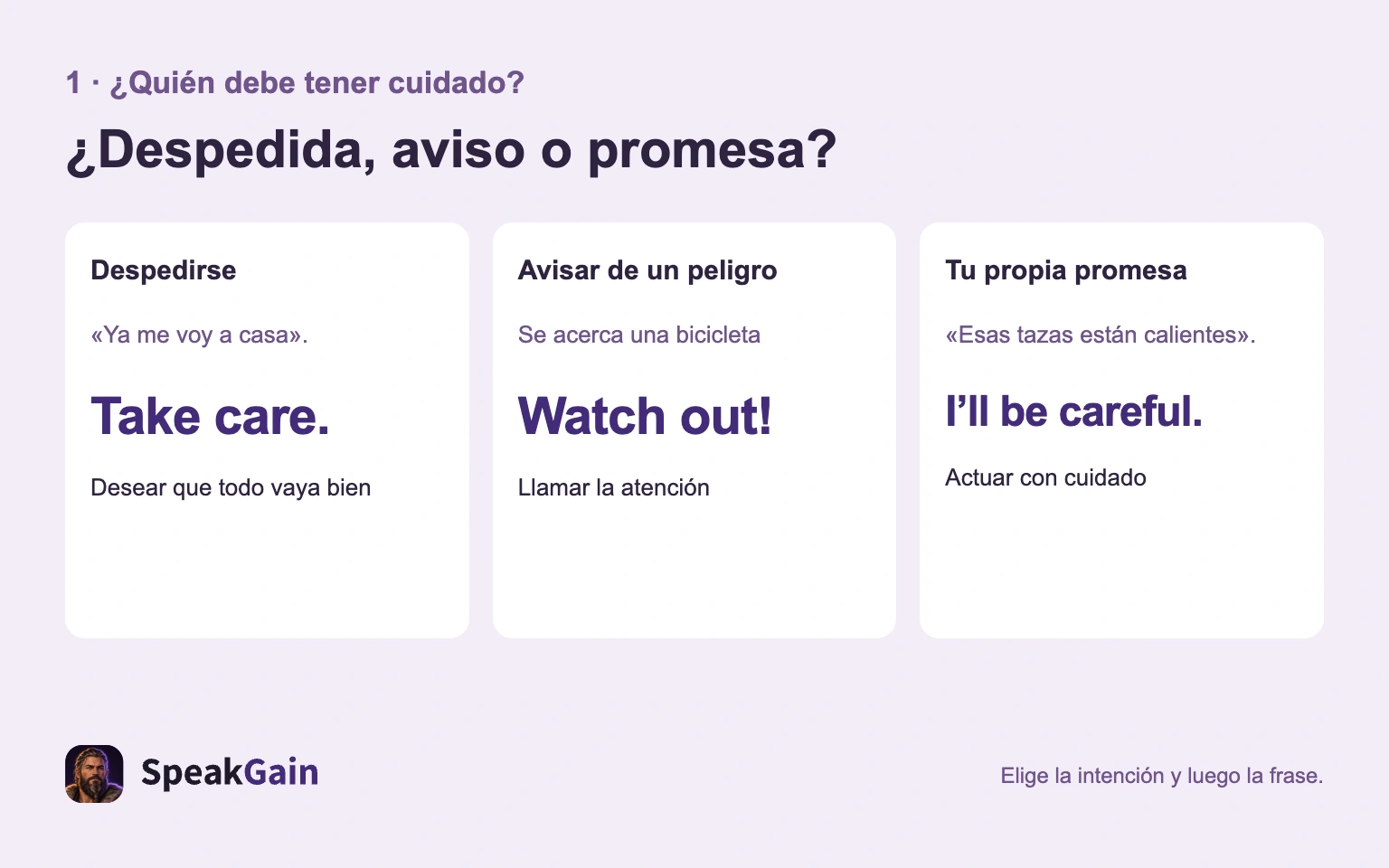 Tres intenciones con Take care., Watch out! y I'll be careful.