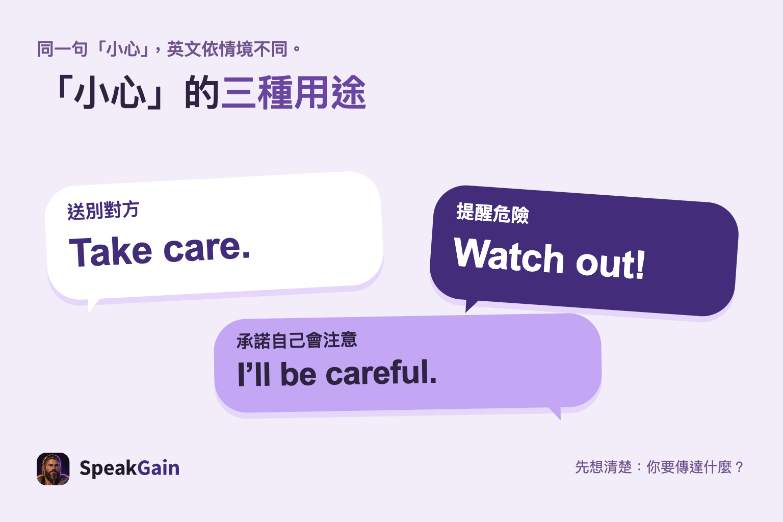 把小心分成送別、提醒危險與自己會注意三種用途來選英文
