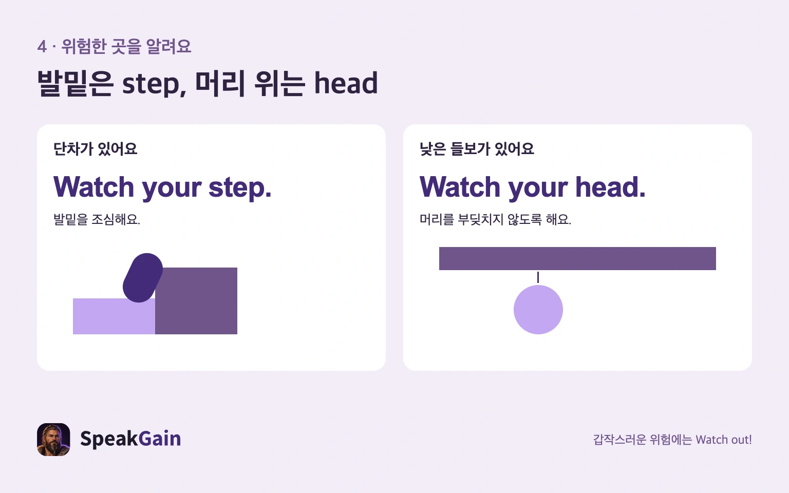단차에는 Watch your step., 낮은 들보에는 Watch your head.라고 하는 그림
